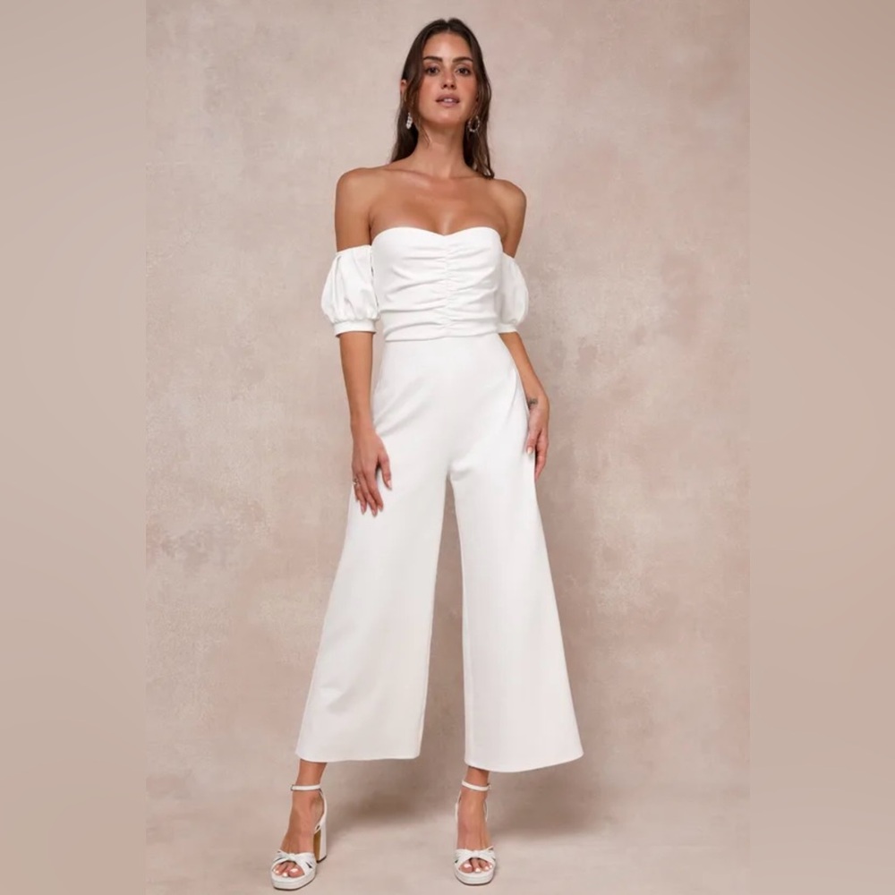 Lulus White Off the Shoulder Puff Sleeve Jumpsuit